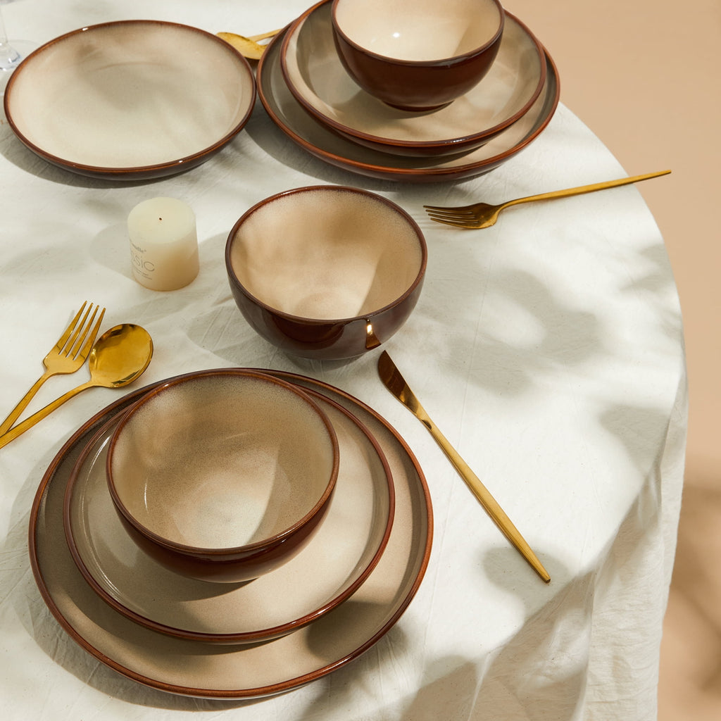 Pokini 12-Piece Stoneware Dinnerware Sets, Plates and Bowls Dish Sets for 4, Brown Green