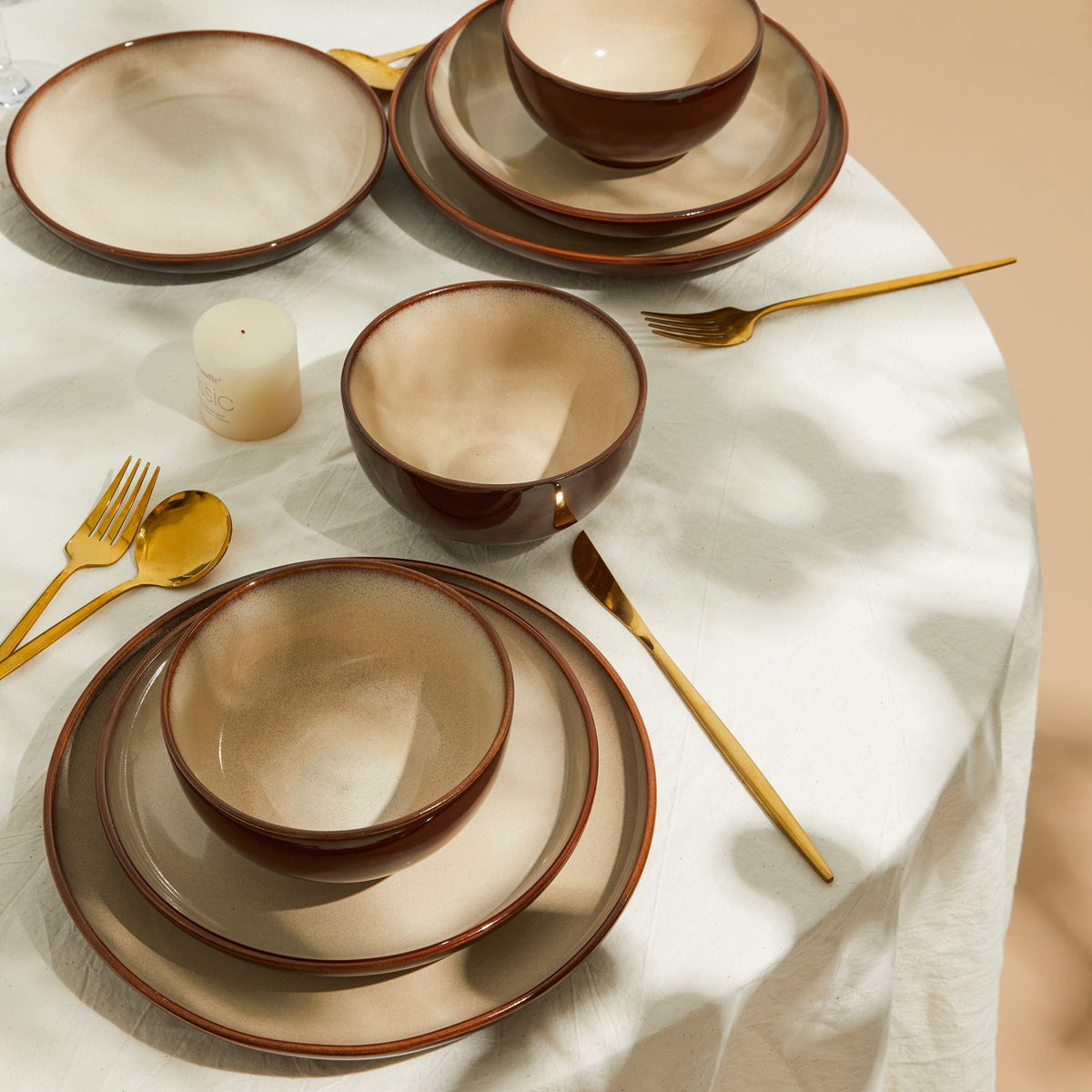 Pokini 12-Piece Stoneware Dinnerware Sets, Plates and Bowls Dish Sets for 4, Brown Green
