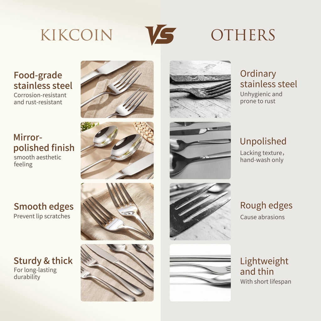 Kikcoin Silverware Set for 8, 49 Pcs Stainless Steel Flatware Set, Mirror Polished Tableware Cutlery for Home, Restaurant, Dishwasher Safe