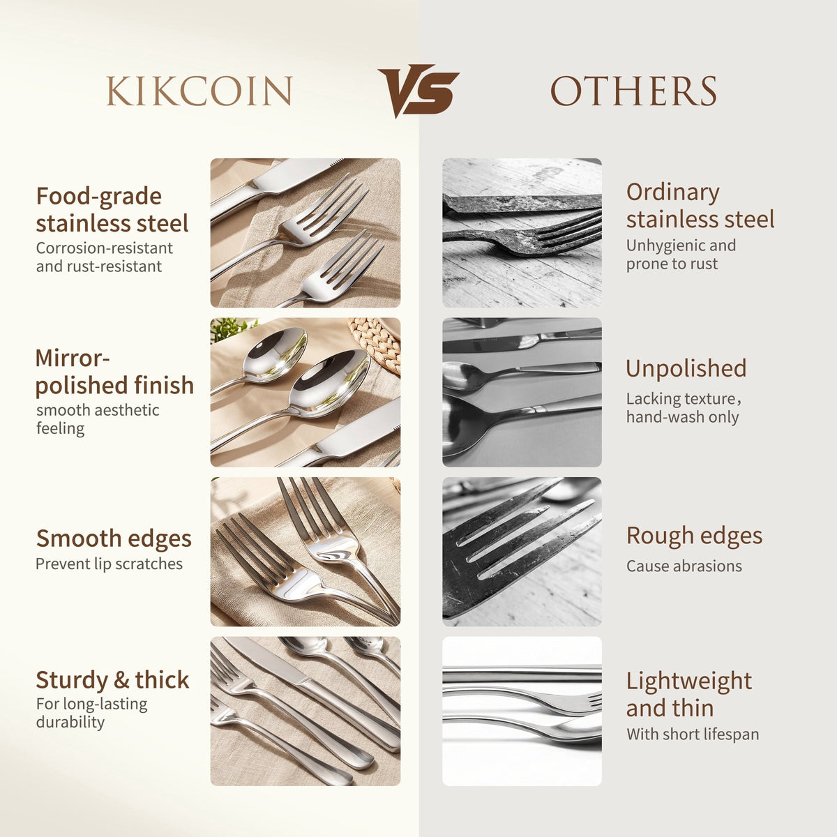 Kikcoin Silverware Set for 8, 49 Pcs Stainless Steel Flatware Set, Mirror Polished Tableware Cutlery for Home, Restaurant, Dishwasher Safe