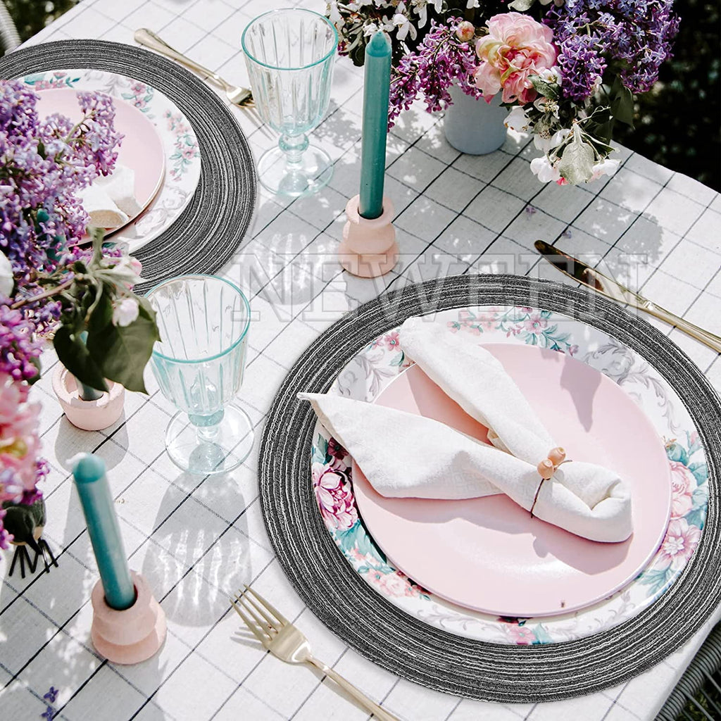 NEWEEN 15" Round Placemats Set of 6 Braided Fabric Heat Resistant Washable Table Mat for Kitchen for Kitchen Party Decor