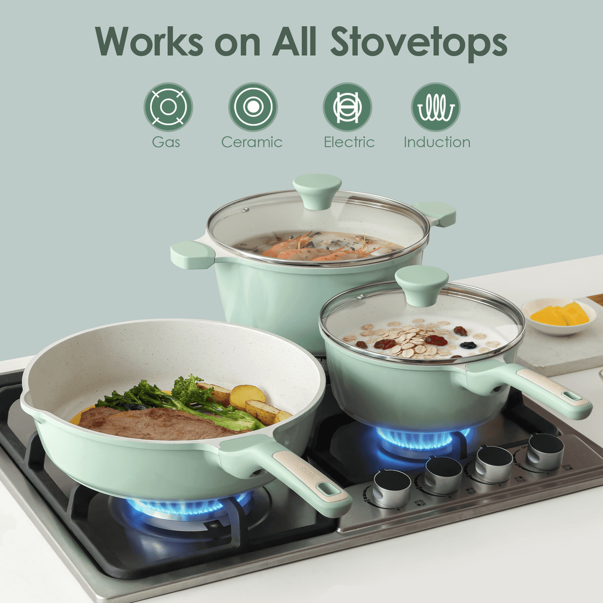 SENSARTE Ceramic Nonstick Pots and Pans Set, 10Pcs Healthy Non Stick Cookware Set with Pots Protectors, Induction Kitchen Cookware Sets, Dishwasher Safe White