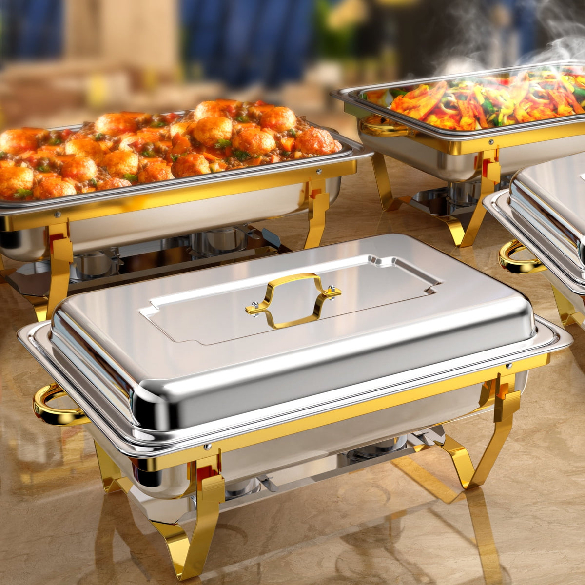 Jacgood 5 Pack Chafing Dish Buffet Set 8Qt. Foldable Rectangular Chafer Set, Stainless Steel Catering Warmer Set W/Full Size Water Pan, Food Pan, Fuel Holder for Cooked Food Insulation