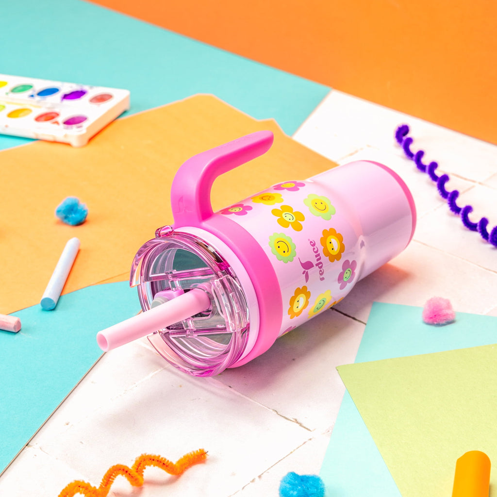 Reduce Coldee Kids Insulated Tumbler with Straw, 18oz Stainless Steel Spill-Proof Cup with Handle, Smiles