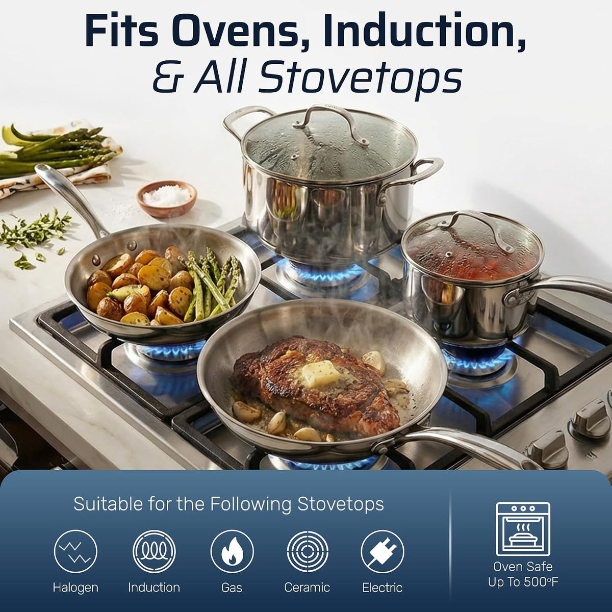 Gotham Steel 10 Pcs Stainless Steel Cookware Set, Pots and Pans Set Non Stick with Induction Cookware, Made Without Forever Chemicals, Metal Utensil Safe, Oven and Dishwasher Safe