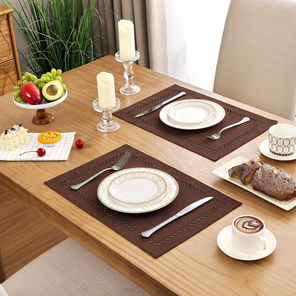 Placemats Set of 4, Yamaziot Double Layer Cloth Fabric Heat Resistant Place Mat, Washable Reversible Rectangle Dining Table Mats, Hollow Khaki, 12"x18"