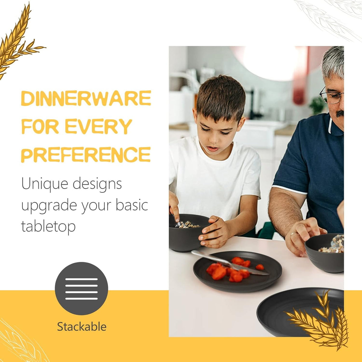 32-Piece Wheat Straw Dinnerware Set, Service for 8, Unbreakable Plates, Bowls & Cups, Eco-Friendly, Dishwasher Safe, , Apartments, Black