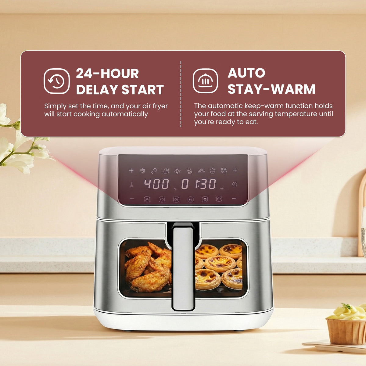 EDX 6QT Stainless Steel Air Fryer with Digital Touchscreen, 1500W, 8 Presets, Dishwasher Safe Basket, 90 Min Timer, 24H Delay Start, Gray