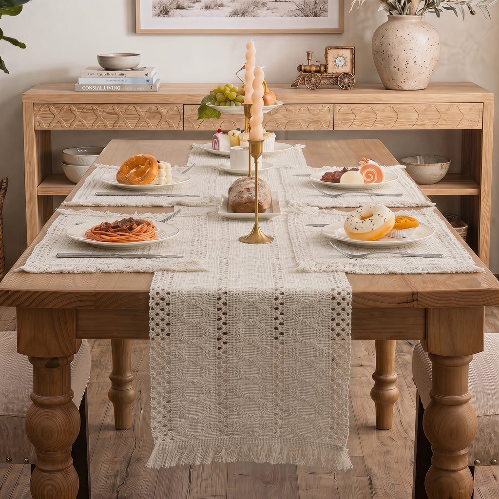 MeyJey Table Runner and Placemats Set of 4, Washable Fabric Rectangle Dining Table Mats with Tassels for Dining Tables, Kitchen, Red/Beige
