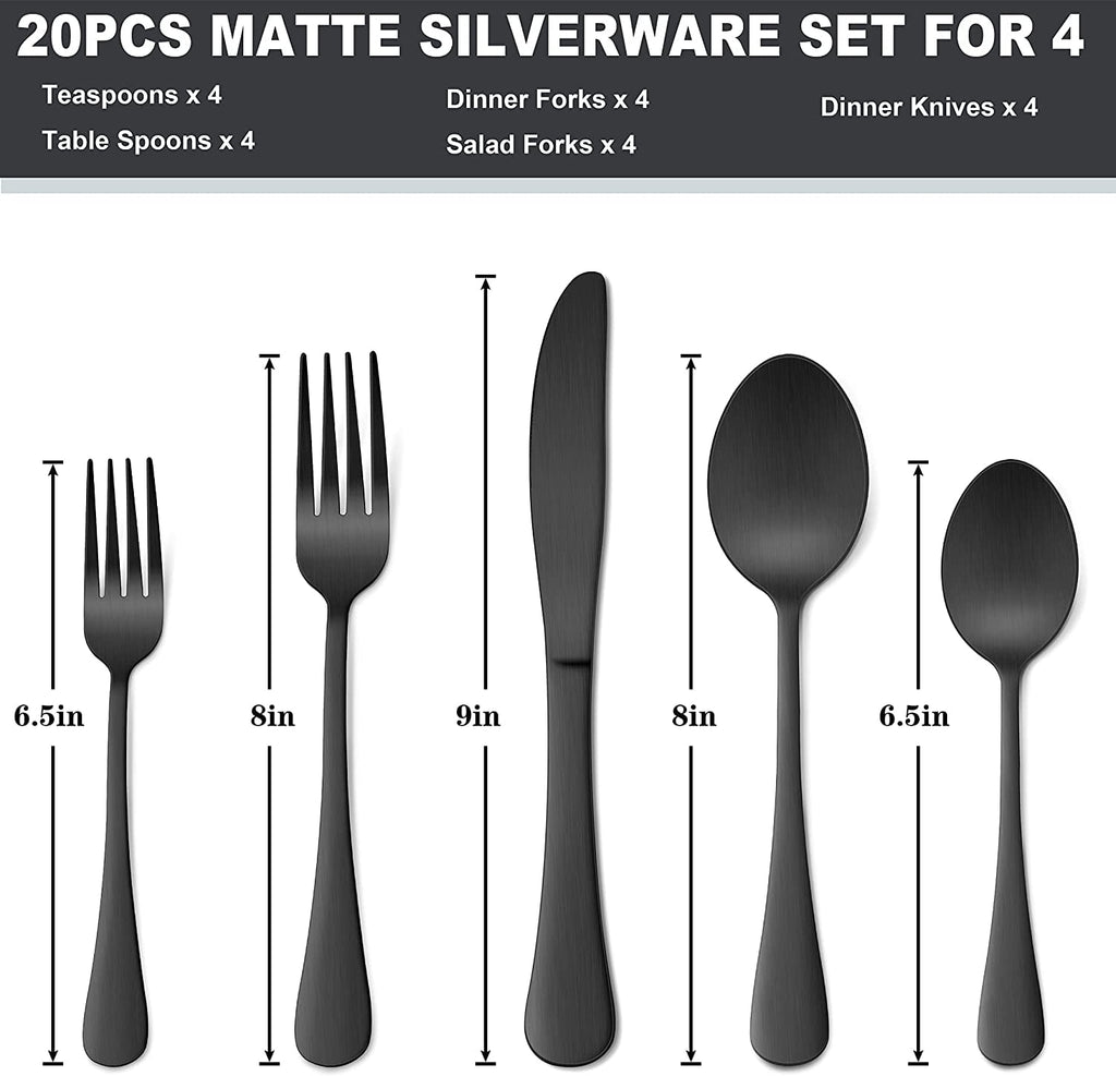 Black Silverware Set, Vesteel 20 Piece Stainless Steel Flatware Cutlery Set for 4, Mirror Finish, Dishwasher Safe