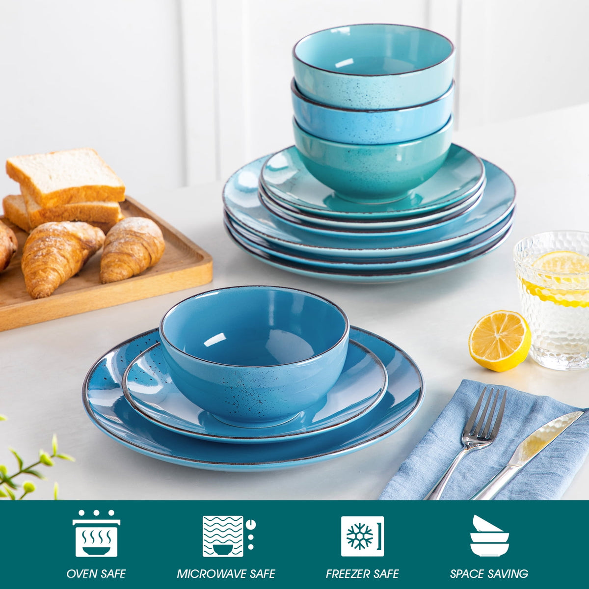Malacasa 12 Pcs Dinnerware Sets, Ceramic Plates and Bowls Set for 4 with Reactive Glaze & Speckled Finish, Dish Sets, Dishwasher & Microwave Safe, Light Colors
