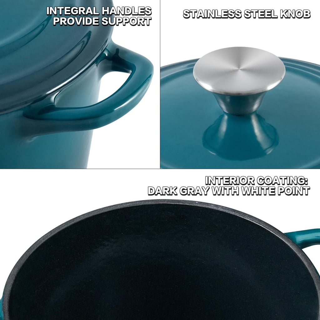 Flavehc Dutch Oven Pot with Lid 2.8 qt Cast Iron Dutch Oven for Bread Baking Slateblue Enameled Cast Iron Rice Pot with Handels
