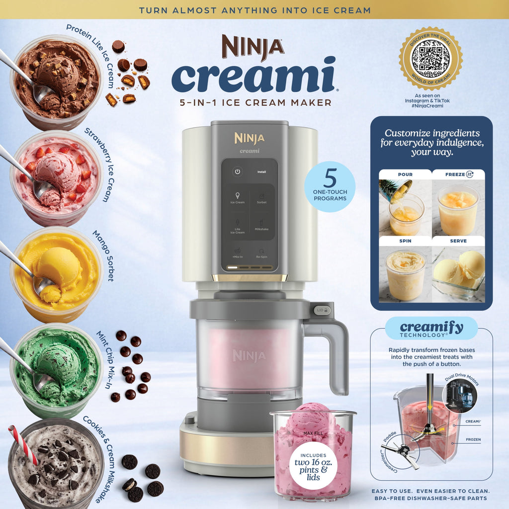 Ninja Creami Ice Cream Maker, for Mix-ins, Milkshakes, Sorbet, 5 One-Touch Programs, (2) 16 Oz Pint Containers & Lids, NC350 White