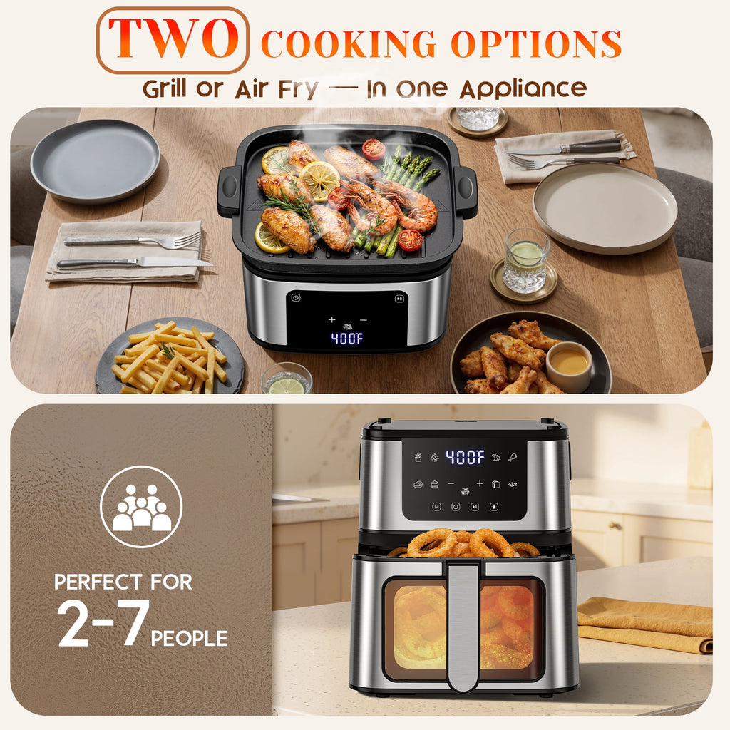7.5QT XL Air Fryer with Flip-Over Grill, 8 Cooking Presets, Internal Light, 160-400°F, Auto Shutoff, Dishwasher Safe, 100 Paper Liners Included for Easy Cleanup