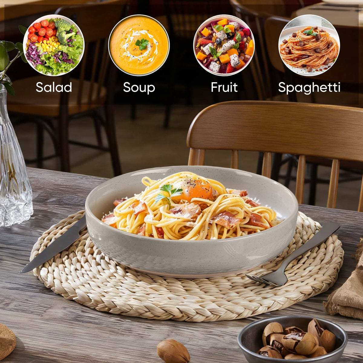 Vesteel Pasta Bowls Set of 6, 32oz Large Salad Bowl for Home Kitchen, Ceramic Serving Plates for Soup, Cereal, Fruits, Microwave & Dishwasher Safe, Speckled White
