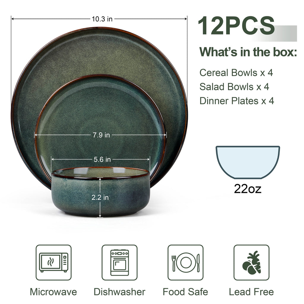 Vesteel Dinnerware Sets for 4, 12-Piece Stoneware Dish and Bowls Set, Handmade Reactive Glaze Coupe Plates Set for Family, Chip & Scratch Resistant - Matte Black
