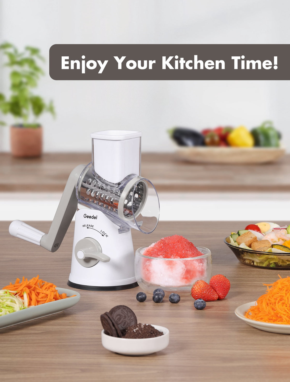 Geedel Rotary Cheese Grater, Kitchen Grater with Strong Suction Base, Dishwasher Safe, Easy to Clean Grater for Cheese,Vegetable, Nuts (3 Blades)