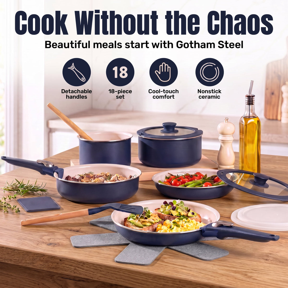 Gotham Steel 18 Pcs Pots and Pans set Non Stick, Ceramic Pan Cookware Set W/ Detachable Handle, RV Kitchen Cooking Set with Secure Lock Removable Handles, Oven Safe Nonstick Pan Set, Blue