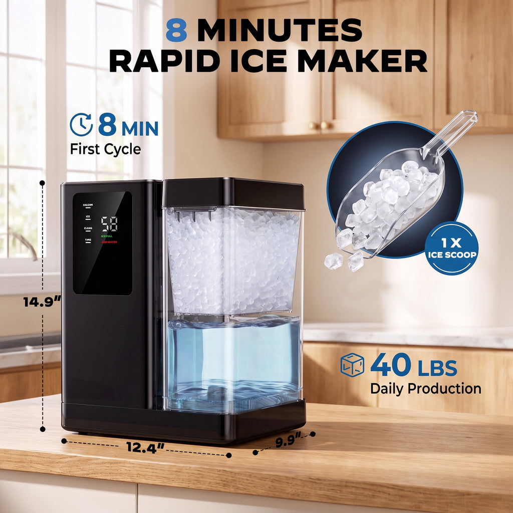 Philergo Nugget Ice Maker Countertop, 40 lbs/24H Pebble Ice Machine with 3L Water Tank, 8-Minute Ice, 1-10H Timer, Self-Cleaning, 40 dB Quiet Operation, Black