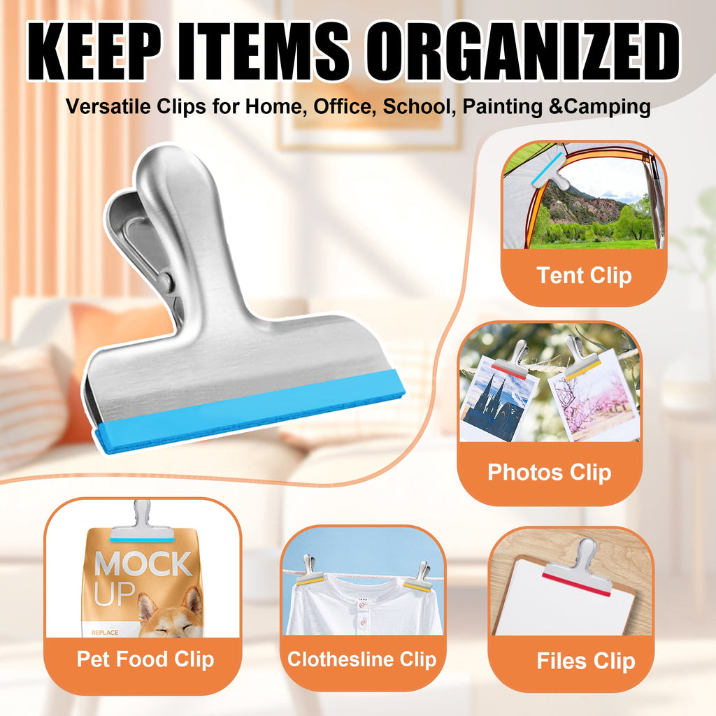 Bag Clips 8 Pack, 3 Inch Heavy-Duty Metal Chip Clips with Silicone Edge, Strong Sealing Food Bag Sealer for Kitchen & Office, Snacks, Coffee, Paper Organization
