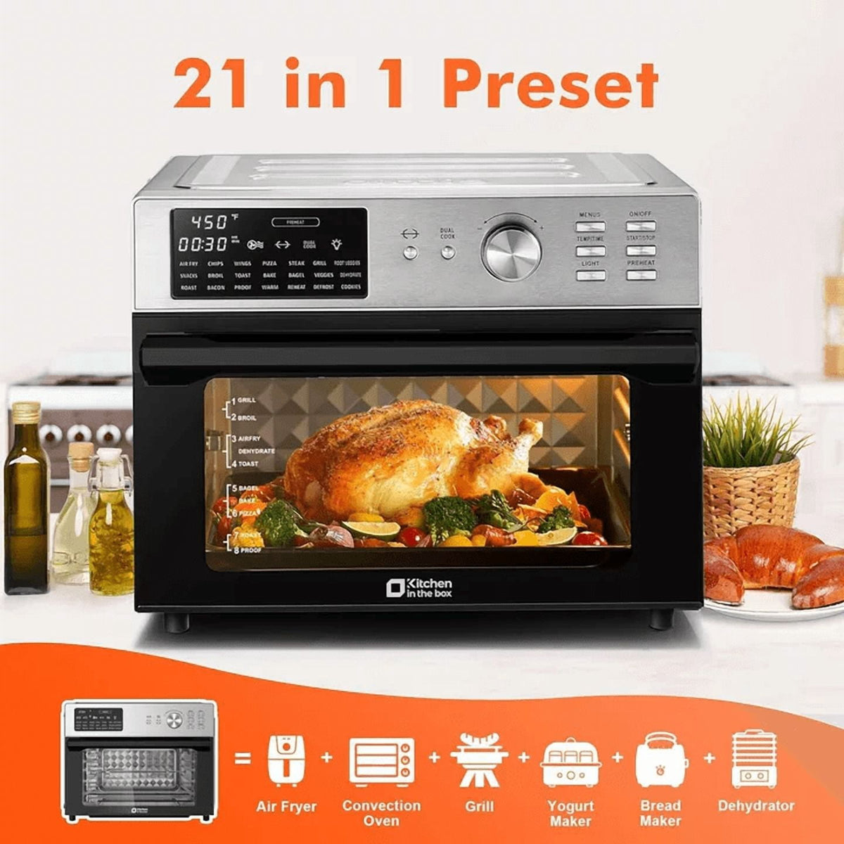 Kitchen in the Box 32QT Digital Air Fryer Toaster Oven Combo, 21-in-1 Convection Oven with Rotisserie & Dehydrate, Family-Size Countertop Oven with 6 Accessories, 1800W, Black