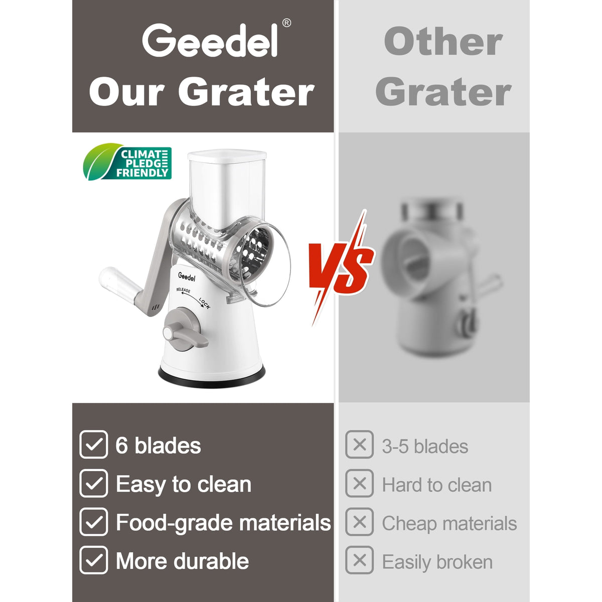 Geedel Rotary Cheese Grater, Kitchen Grater with Strong Suction Base, Dishwasher Safe, Easy to Clean Grater for Cheese,Vegetable, Nuts (3 Blades)
