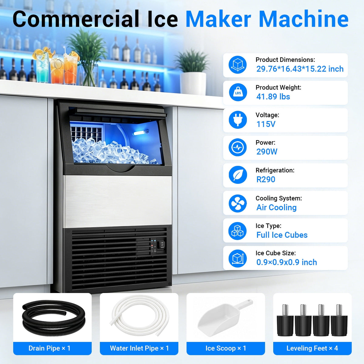 Ecojoy Commercial Ice Maker Machine, 150 Lbs/Day Stainless Steel Under Counter Ice Maker, 40Lbs Ice Storage Bin, Water Filter, 45 Cubes in 8-12 Mins