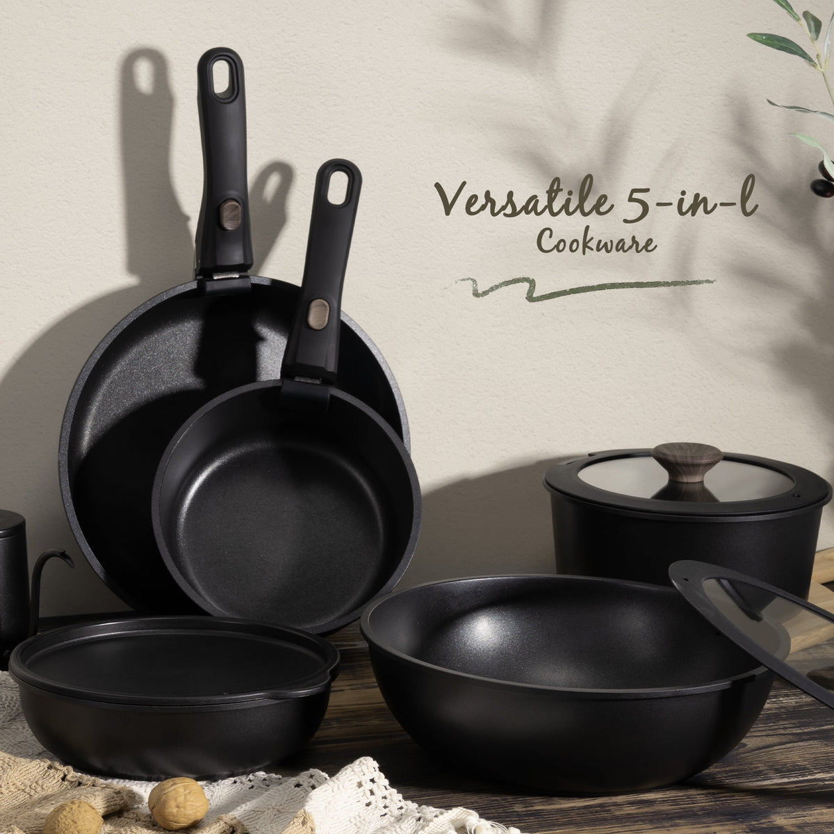 Astercook 20-Piece Pots and Pans Set, Nonstick Cookware Set with Detachable Handles, Oven & Dishwasher Safe, Induction Compatible, Stackable RV Kitchen Cooking Set, Black