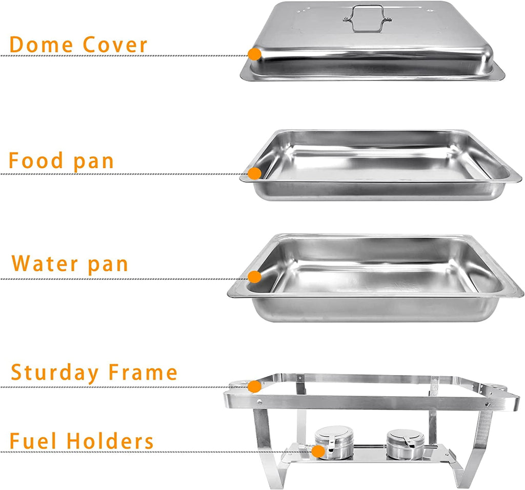 Jacgood Chafing Dish Buffet Set 4 Pack 8QT Full Pan Stainless Steel Food Warmer Chafer Complete Set with Water Pan, Chafing Fuel Holder for Home Party, Buffets, Wedding, Banquet, Catering Events