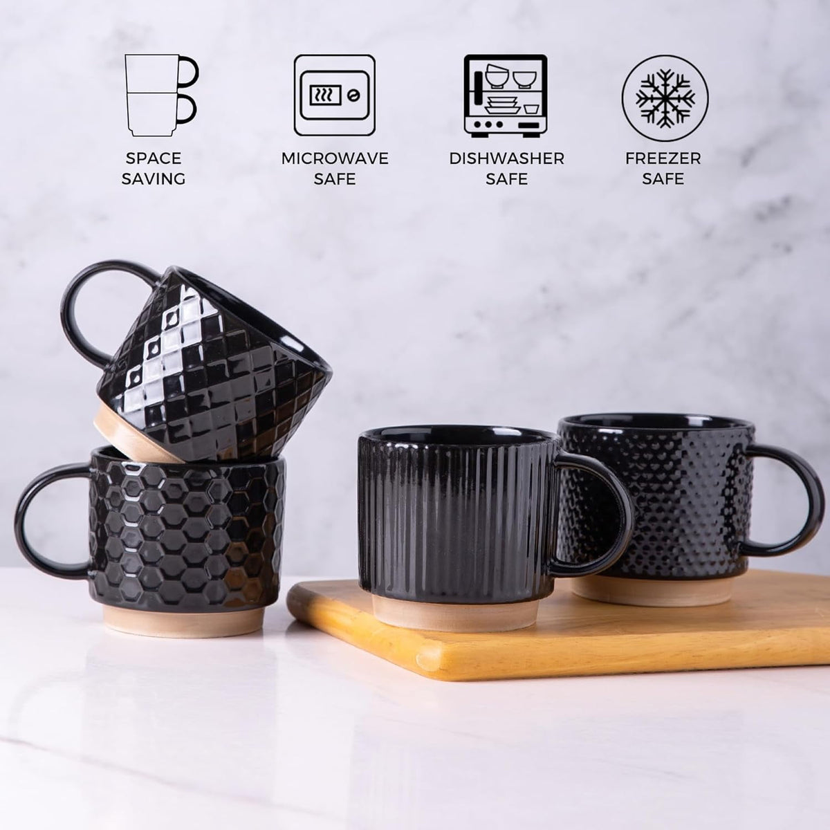AmorArc 12OZ Stackable Ceramic Coffee Mugs with Texture Patterns, Modern Mug Set of 4 for Latte, Cappuccino and Cocoa, Dishwasher & Microwave Safe, off-white