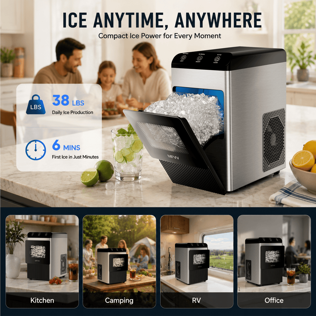 Nugget Ice Maker Countertop 38lbs/Day, Soft Chewable Pebble Ice Ready in 6 Mins, Compact Self-Cleaning Portable Ice Machine, Quiet 42dB, Stainless Steel with LED for Home Kitchen Office RV