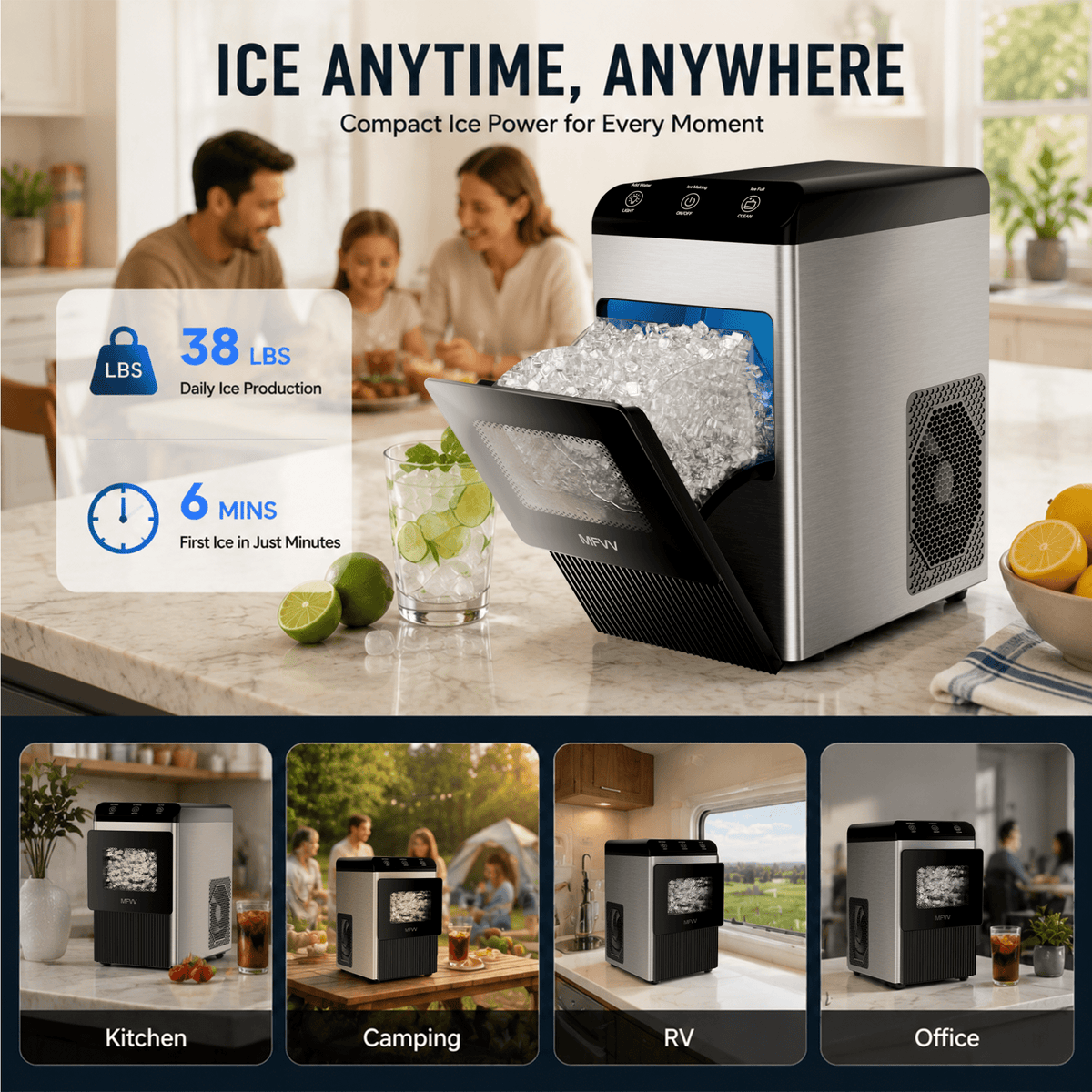 Nugget Ice Maker Countertop 38lbs/Day, Soft Chewable Pebble Ice Ready in 6 Mins, Compact Self-Cleaning Portable Ice Machine, Quiet 42dB, Stainless Steel with LED for Home Kitchen Office RV