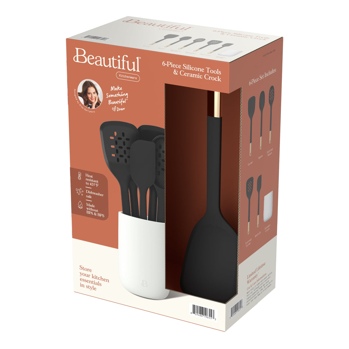 Beautiful 6-Piece Silicone Kitchen Tool Set with Ceramic Crock, Chocolate by Drew Barrymore
