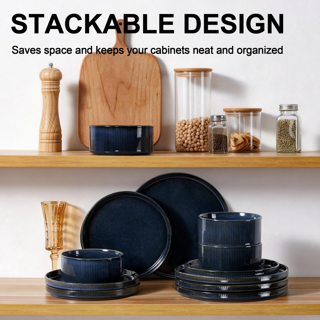 Vesteel 12 Pieces Dinnerware Set for 4, Premium Stoneware Ribbed Dishes, Chip & Scratch Resistant Plates and Bowls Set for Home Restaurant, Microwave and Dishwasher Safe - Speckled White