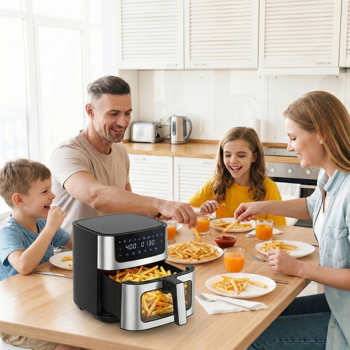 EDX 6QT Stainless Steel Air Fryer with Digital Touchscreen, 1500W, 8 Presets, Dishwasher Safe Basket, 90 Min Timer, 24H Delay Start, Gray
