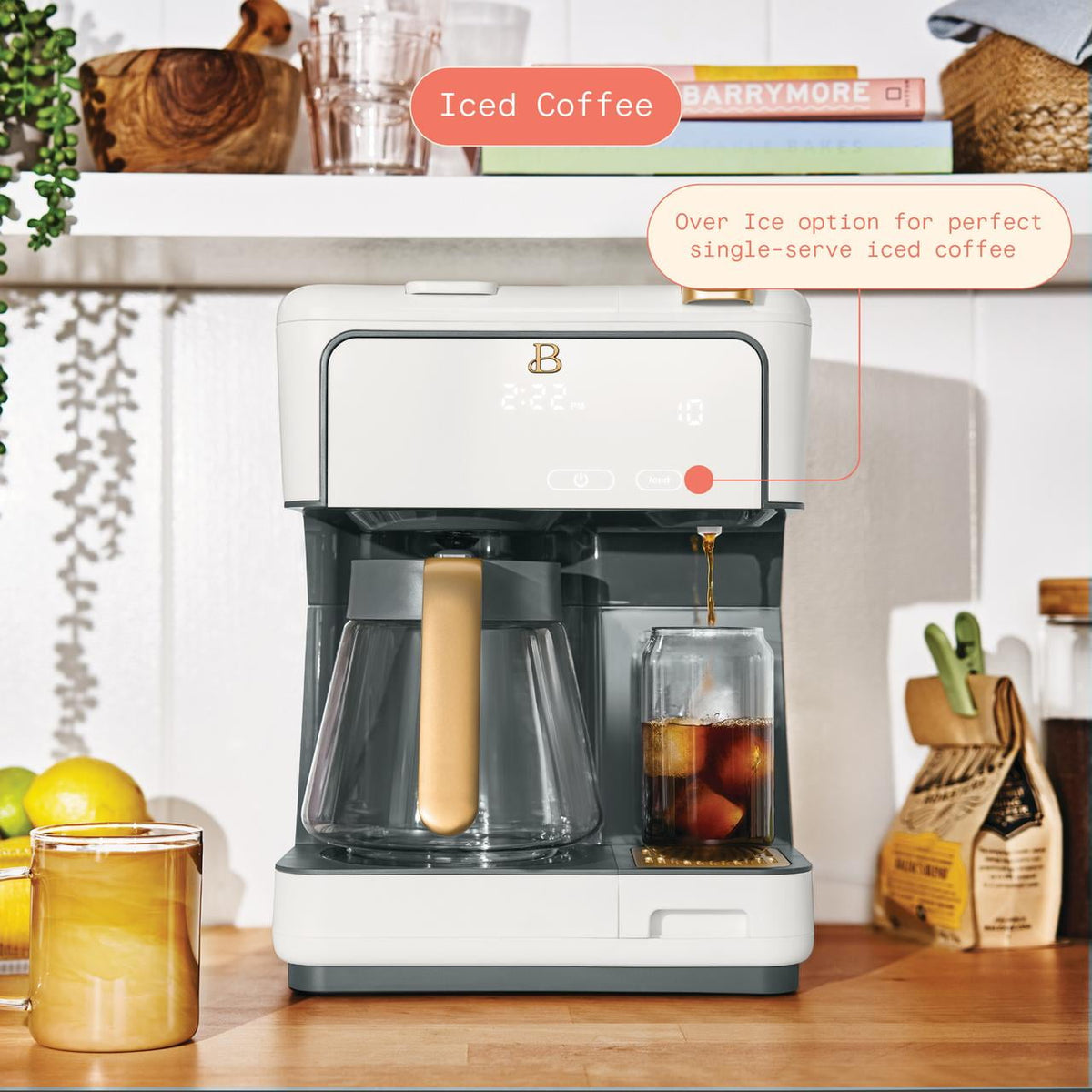 Beautiful by Drew Barrymore Multi-Brew 12-Cup Programmable Drip & Single-Serve Coffee Maker, White Icing