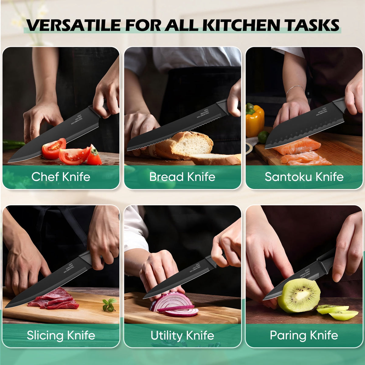 Vesteel Knife Block Set for Kitchen, 15-Piece High Carbon Stainless Steel Knives Set with Ergonomic Handle, Ultra-sharp & Rust Resistant, Walnut Brown