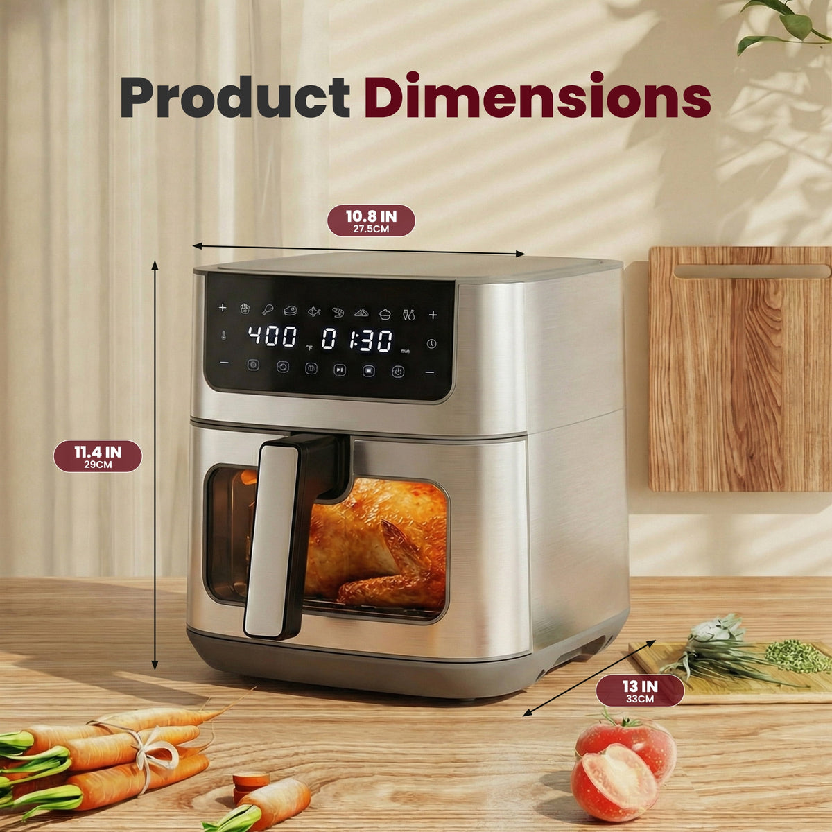 EDX 6QT Stainless Steel Air Fryer with Digital Touchscreen, 1500W, 8 Presets, Dishwasher Safe Basket, 90 Min Timer, 24H Delay Start, Gray