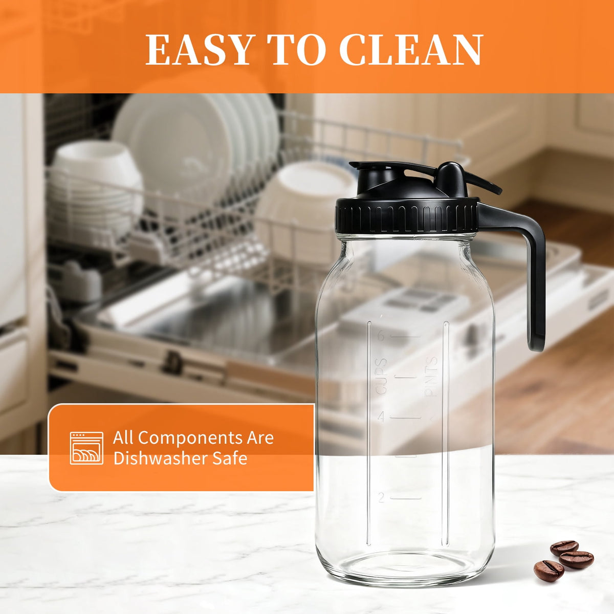 TINANA 64oz Wide Mouth Mason Jar Pitcher with Handle & Flip Lid, Heavy Duty Glass Cold Brew Coffee Maker, Airtight Leak-Proof Pitcher for Iced Tea, Juice, Lemonade