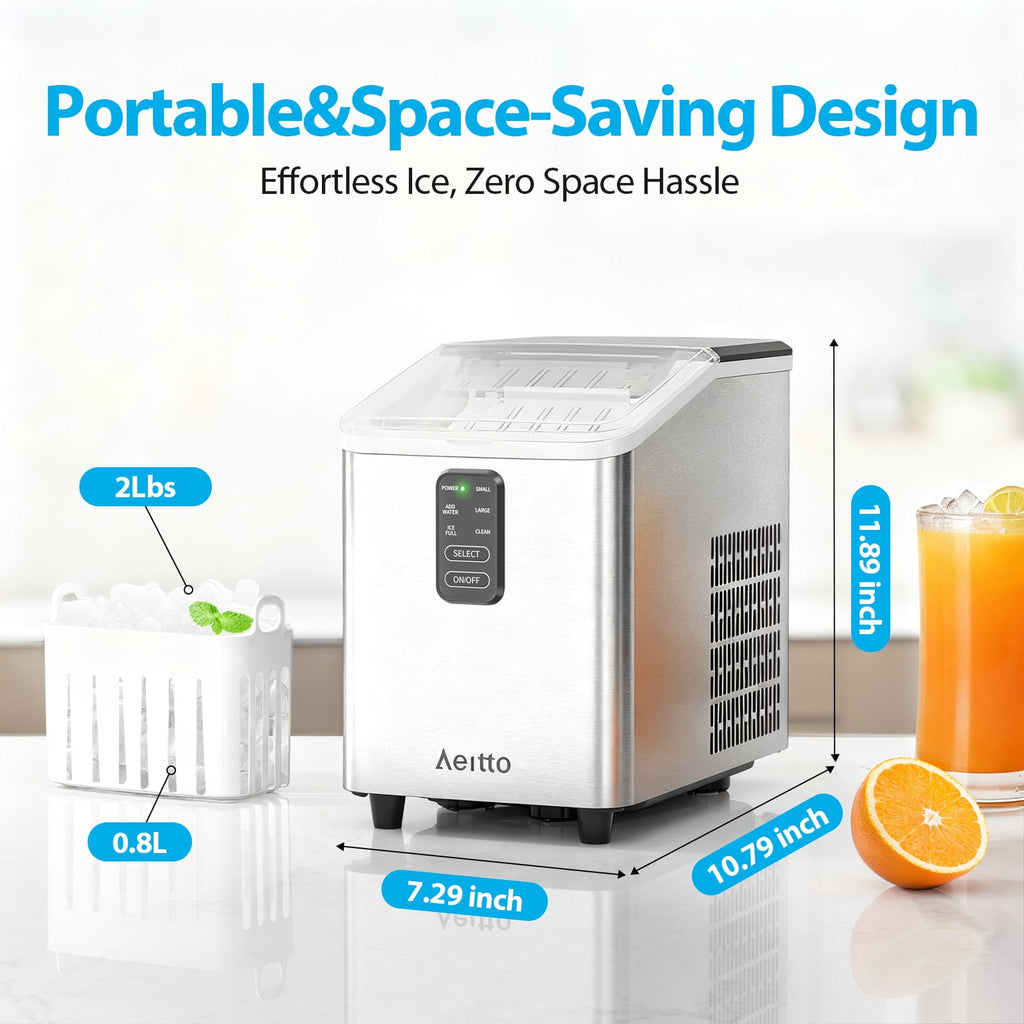 Aeitto Countertop Ice Maker Bullet Ice Machine, 8 Ice Cubes in 6 mins,26lb/Day Ice with 2 Sizes- Self-Cleaning Compact Portable Ice Makers for Home Kitchen, Office, RV