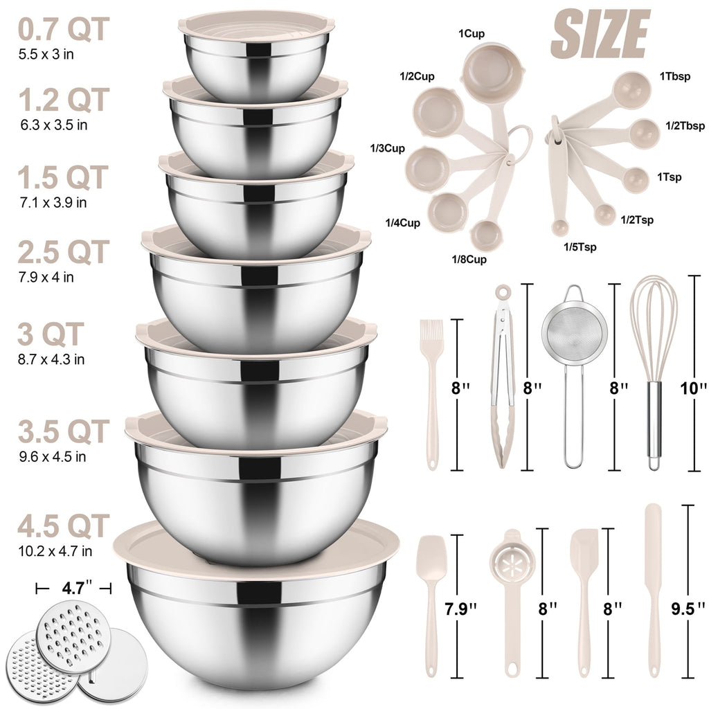 Mixing Bowls with Lids Set of 5, Vesteel Stainless Steel Mixing Bowls Metal Nesting Salad Bowls, Size 4.5, 3, 1.5, 1, 0.7 QT Great for Cooking, Baking, Serving - Multi-Color