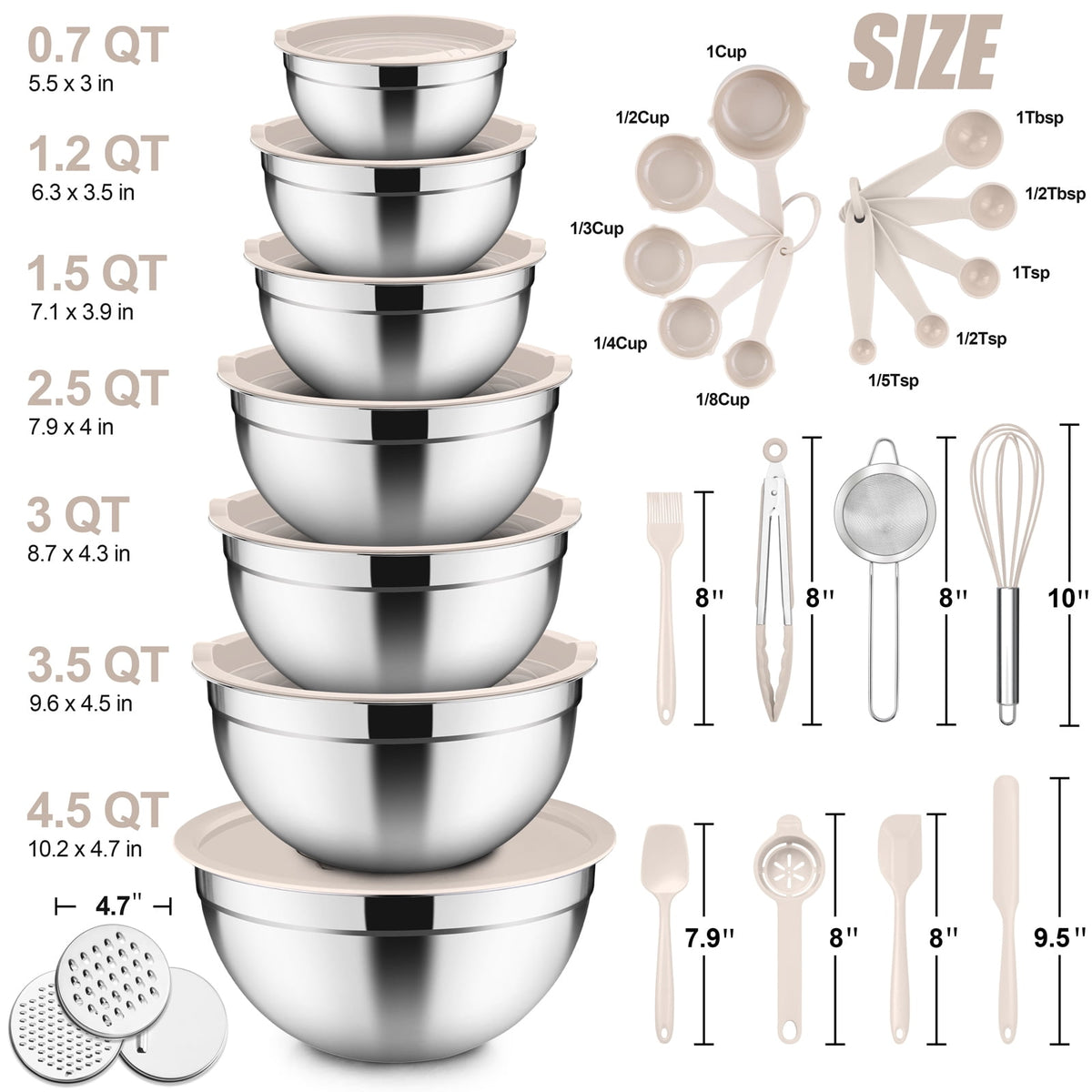 Mixing Bowls with Lids Set of 5, Vesteel Stainless Steel Mixing Bowls Metal Nesting Salad Bowls, Size 4.5, 3, 1.5, 1, 0.7 QT Great for Cooking, Baking, Serving - Multi-Color