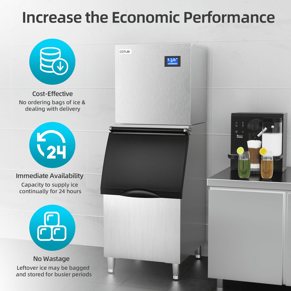 OUTBID Split Commercial Ice Maker Machine 600LBS/24H with 350lbs Ice Bin, Nugget Ice Makers Commercial, Clear Cube Pellet Ice Maker, Fast Ice Maker Ice-Ready in 8-15mins