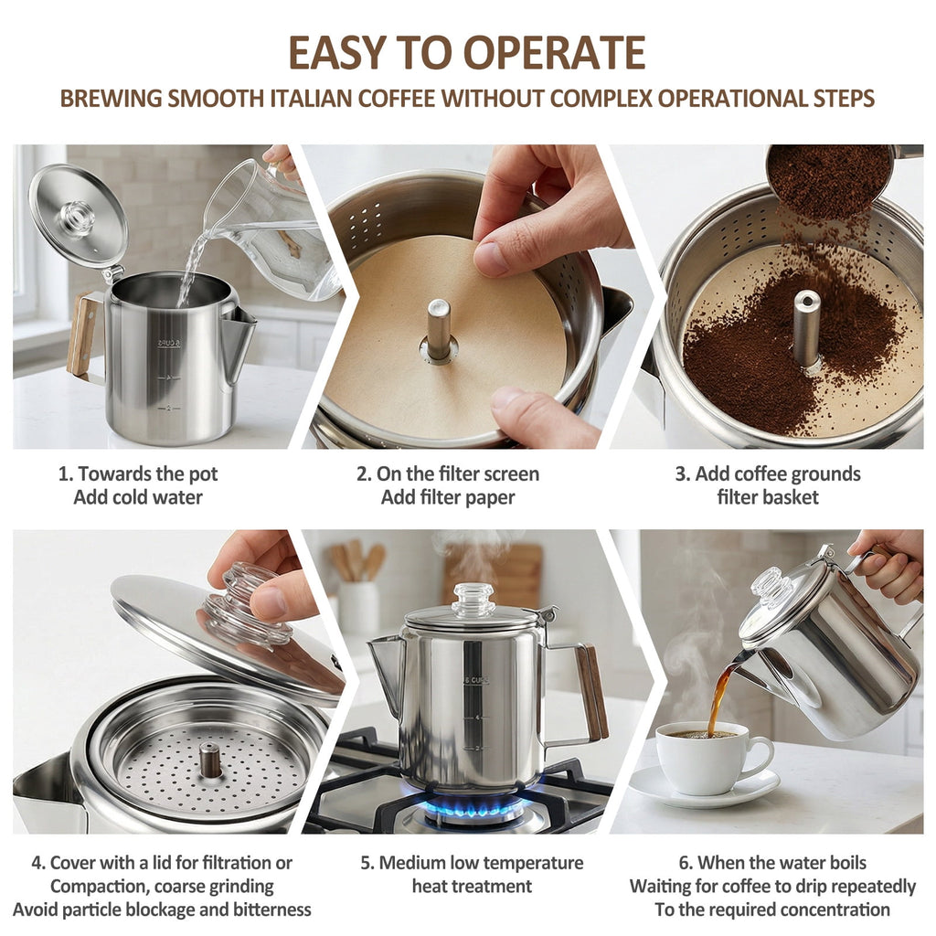 Jetcloudlive Stainless Steel Coffee Percolator 6-Cup Camping Coffee Pot with Glass Knob Portable Percolator Coffee Pot for Campfire or Stove Top Coffee Making