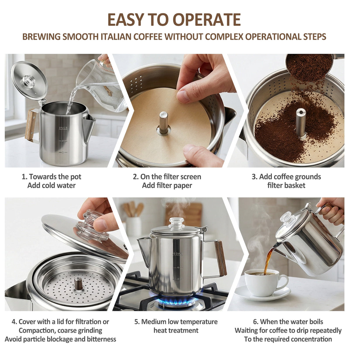Jetcloudlive Stainless Steel Coffee Percolator 6-Cup Camping Coffee Pot with Glass Knob Portable Percolator Coffee Pot for Campfire or Stove Top Coffee Making