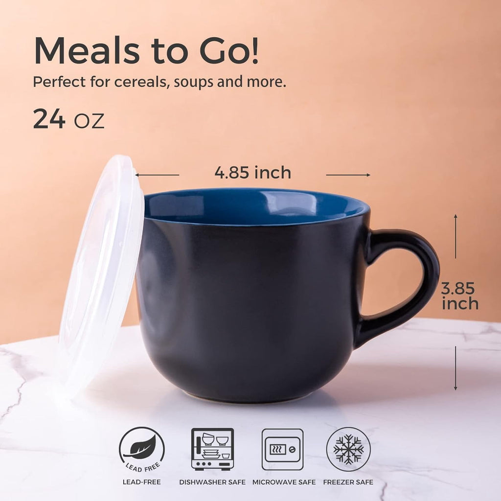 AmorArc Ceramic Soup Mugs with Lid, 24 oz Soup Cups with Hanlde for Coffee,Cereal,Salad,Noodles,Tea,Soup Bowls Cups,Microwave &Dishwasher Safe, Set of 4, Blue with Vented lid