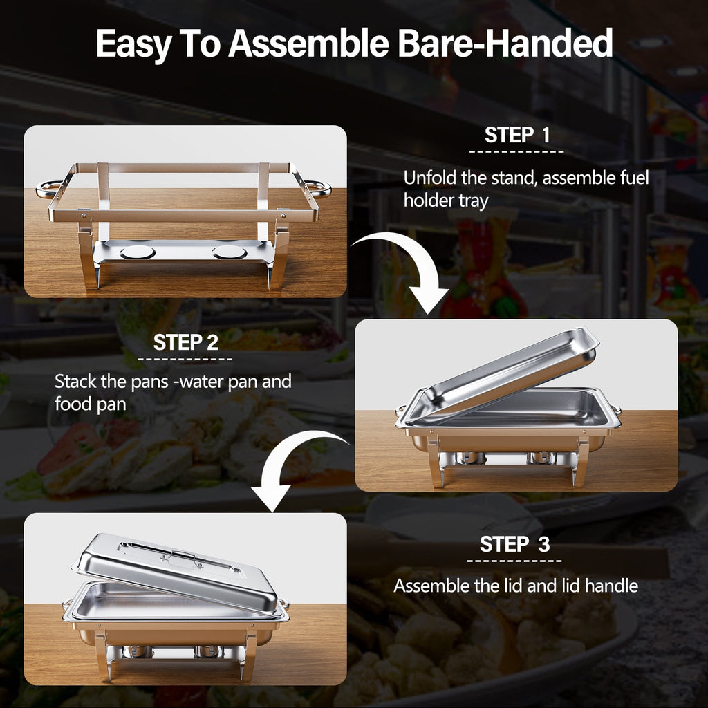 Jacgood 5 Pack Chafing Dish Buffet Set 8Qt. Foldable Rectangular Chafer Set, Stainless Steel Catering Warmer Set W/Full Size Water Pan, Food Pan, Fuel Holder for Cooked Food Insulation