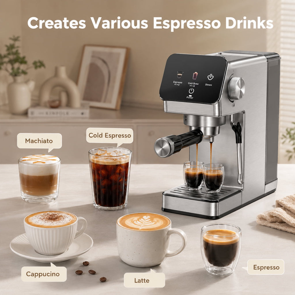20-Bar Espresso Machine with Rapid Cold Brew, Stainless Steel Coffee Maker, 40oz Removable Water Tank for Cappuccino & Latte, Silver