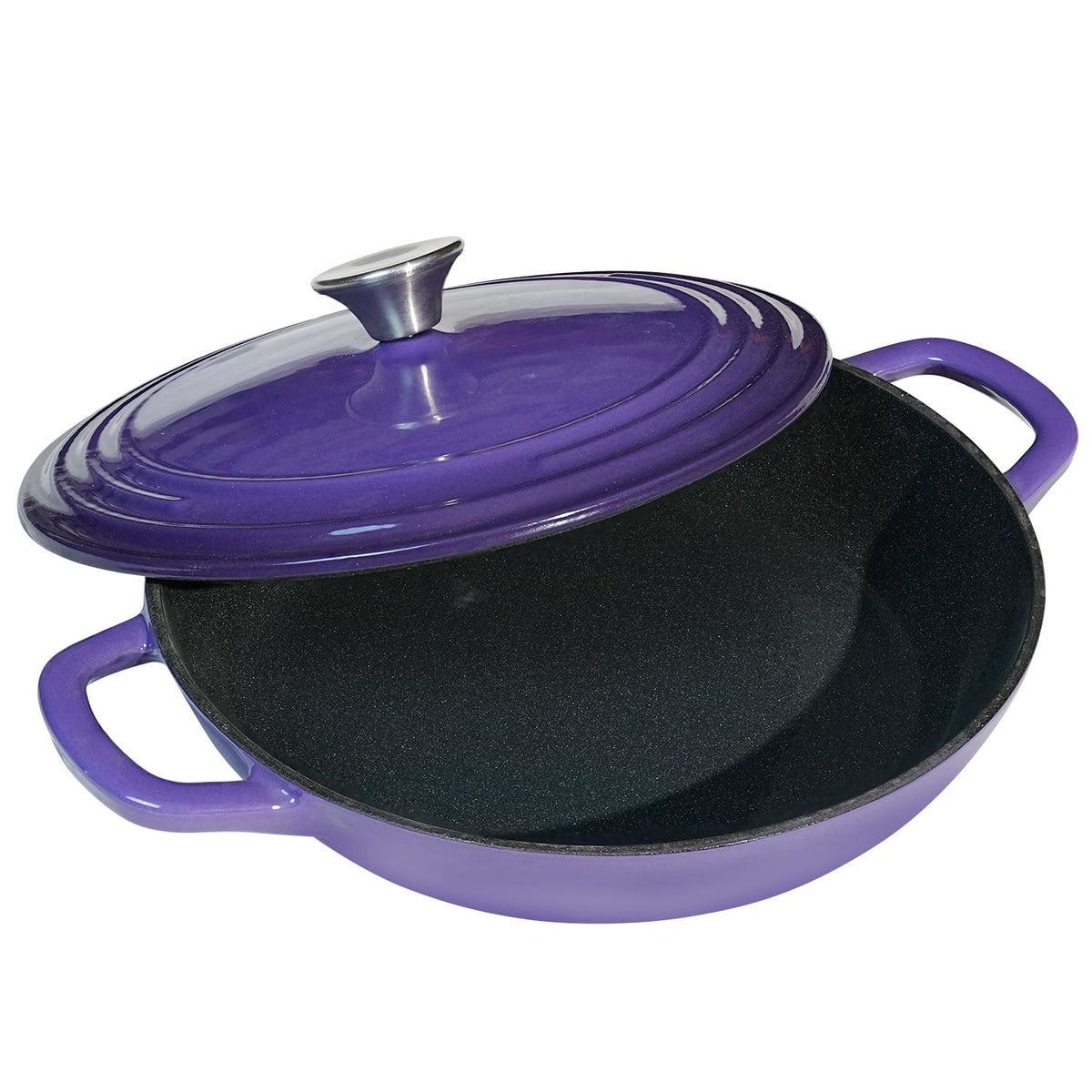 Flavehc Braiser Enameled Cast Iron Braiser 3 qt Braiser Pan with Lid Purple Shallow Cast Iron Casserole Braiser Pan with Handels