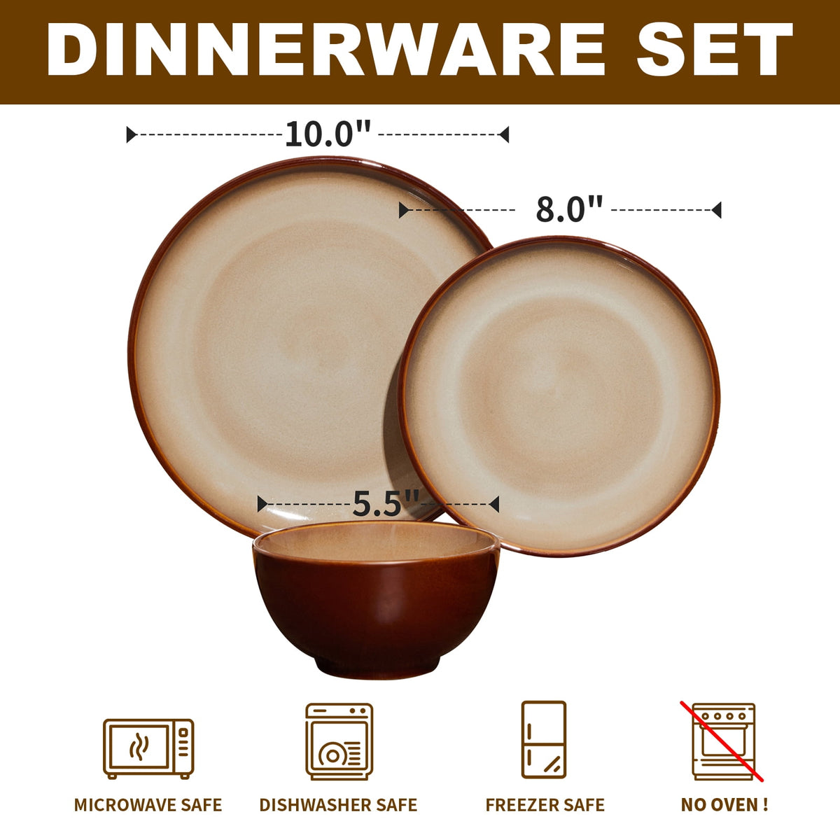 Pokini 12-Piece Stoneware Dinnerware Sets, Plates and Bowls Dish Sets for 4, Brown Green